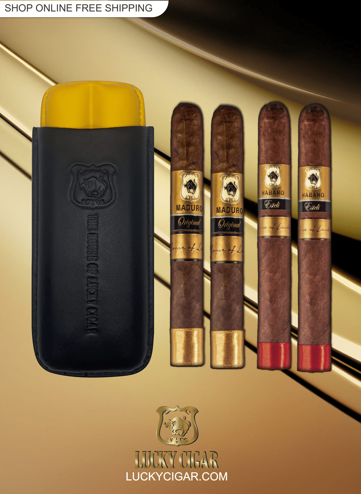 Lucky Cigar Sampler Sets: Set of 4 Toro Cigars, Habano Esteli, Maduro Original with Travel Humidor Case