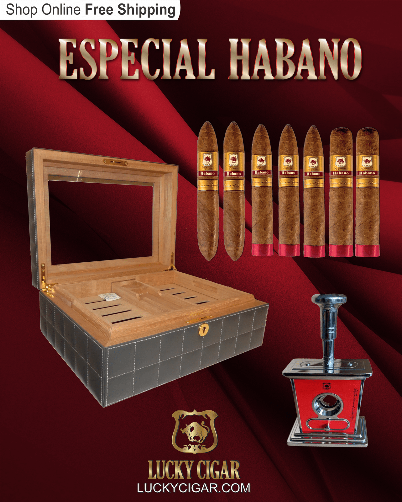 Habano Cigars: Especial Habano by Lucky Cigar: Set of 6 Cigars 2 Toro, 3 Torpedo, 2 Perfecto with Torch, Humidor