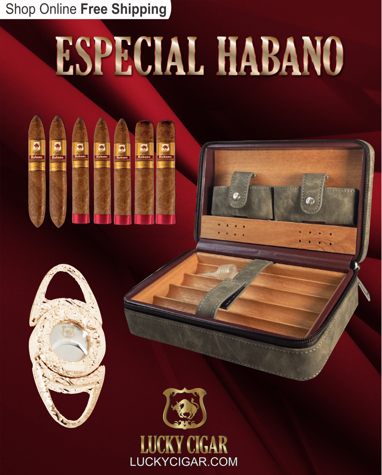 Habano Cigars: Especial Habano by Lucky Cigar: Set of 6 Cigars 2 Toro, 3 Torpedo, 2 Perfecto with Humidor, Cutter