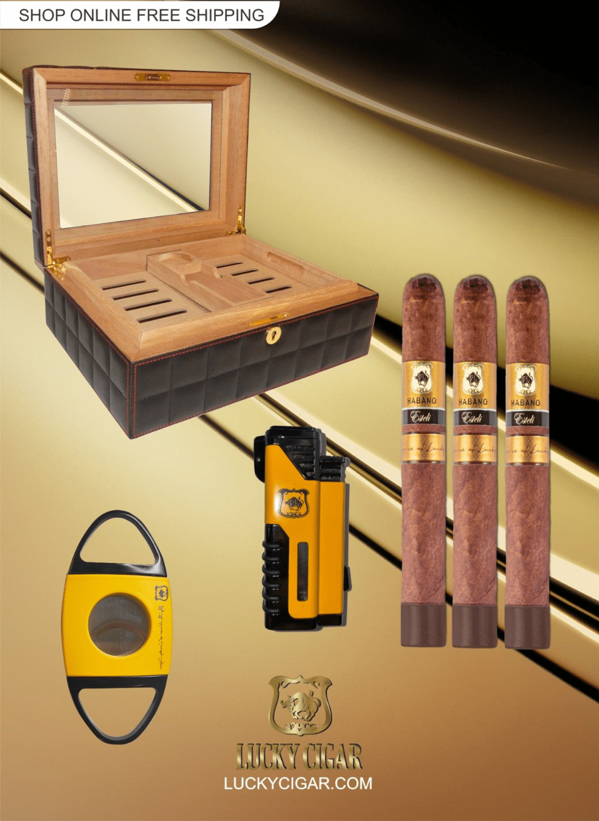 Lucky Cigar Sampler Sets: Set of 3 Habano Esteli Toro Cigars with Desk Humidor, Torch, Cutter
