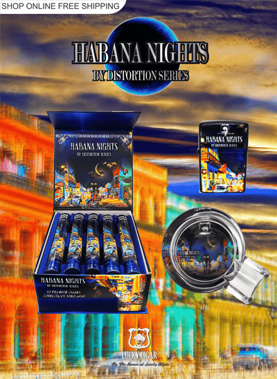 Habana Nights 6x50 Cigar From The Distortion Series: Box of 10 Cigars with matching Flint Lighter, Cutter, Ashtray