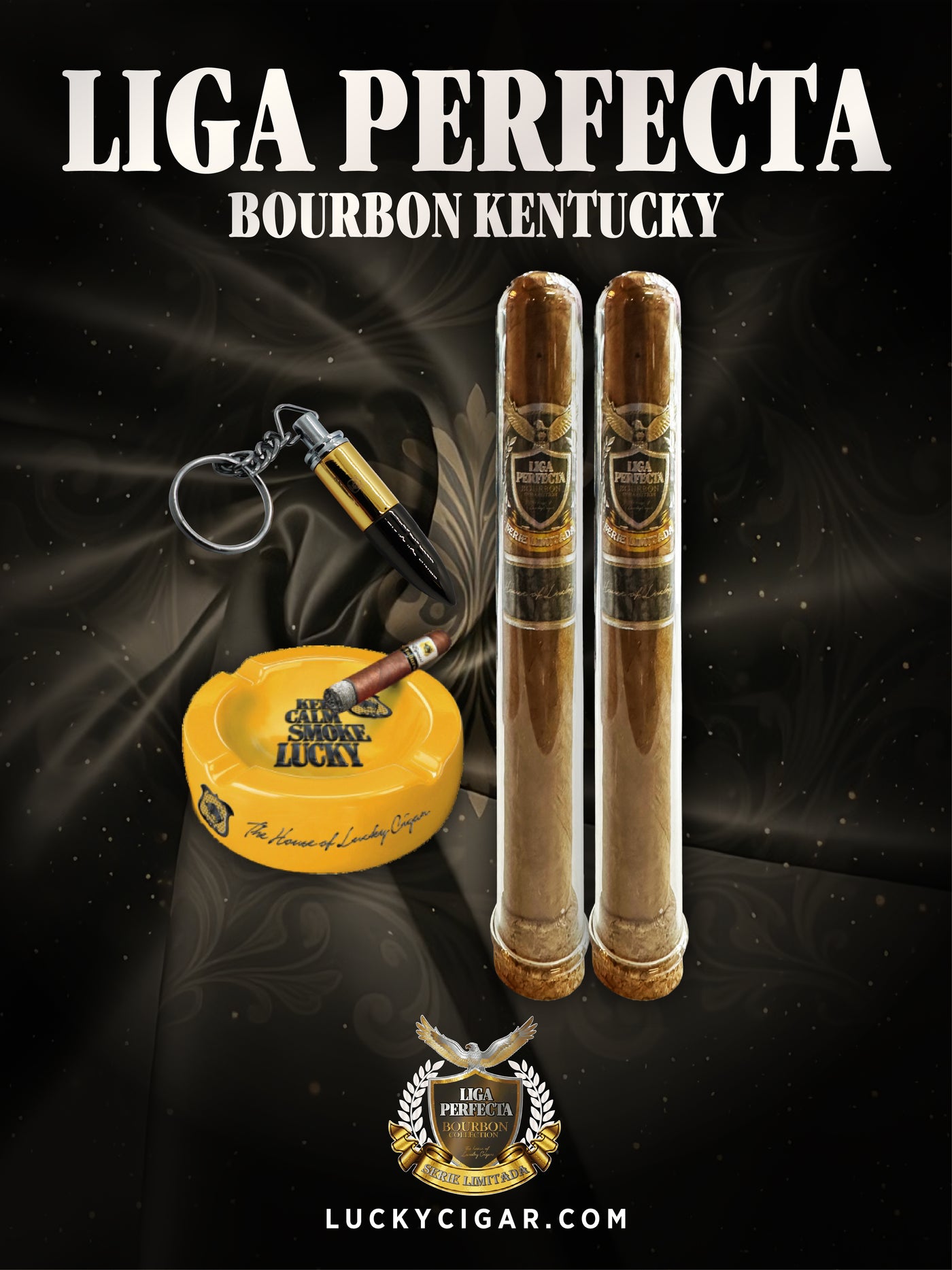 Infused Cigars: Liga Perfecta Bourbon 2 Double Grande with Balita Puncher, Ceramic Ashtray