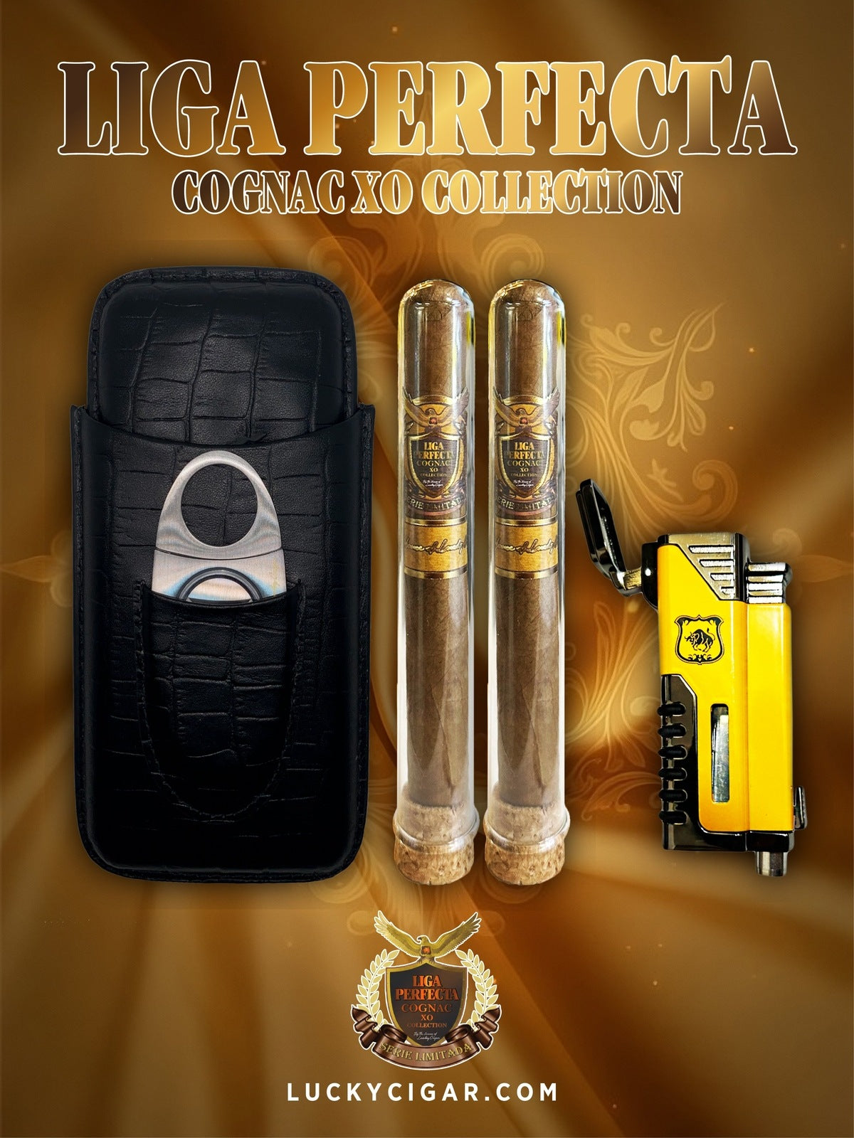 Infused Cigars: Liga Perfecta COGNAC 2 Double Premium 7.5x50 Cigars with Catterpillar Torch, Leather Travel Case