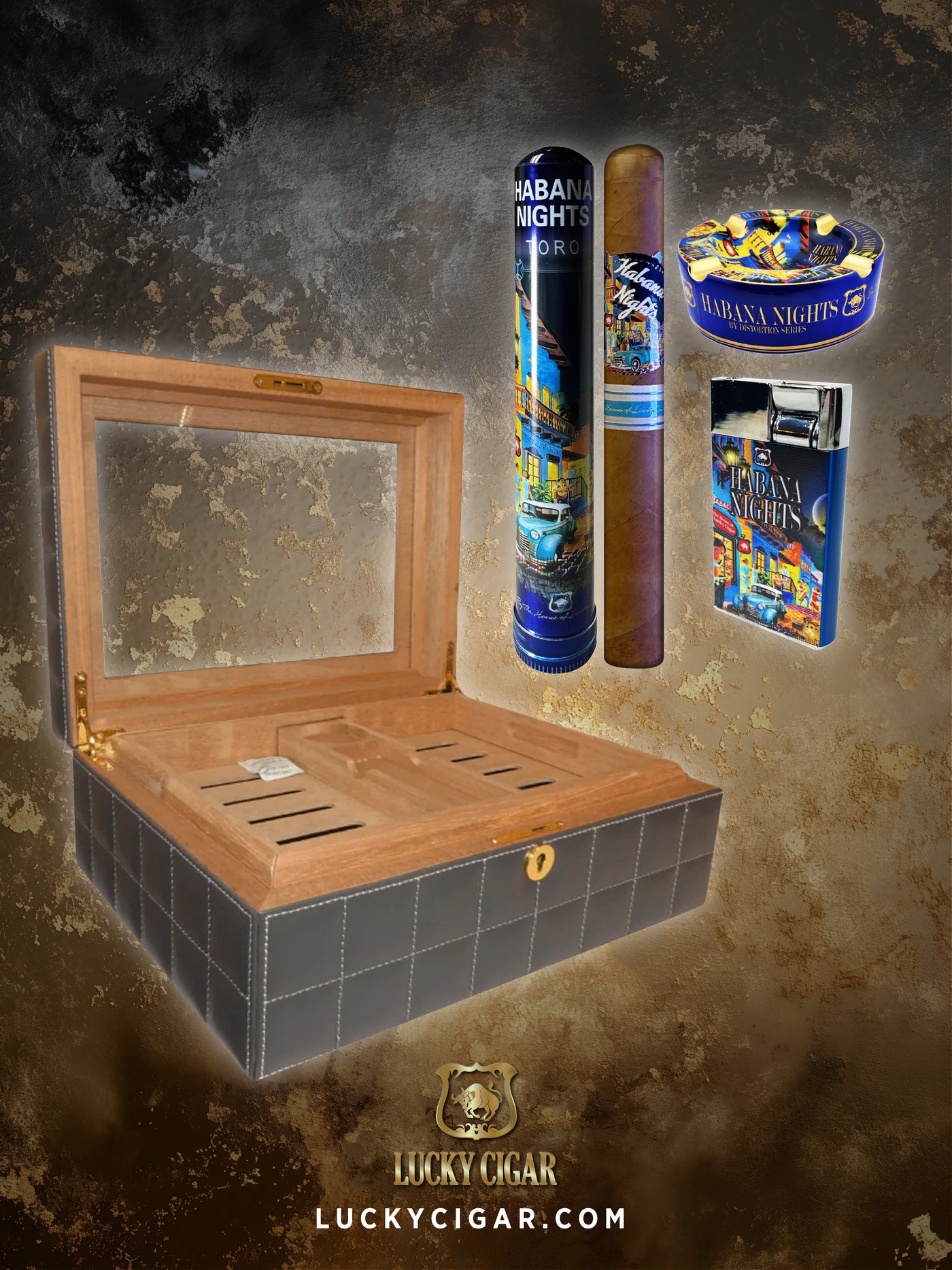 Lucky Cigar Sampler Sets: Set of 2 Habana Nights Cigars with Desk Humidor, Ashtray, Flint Lighter