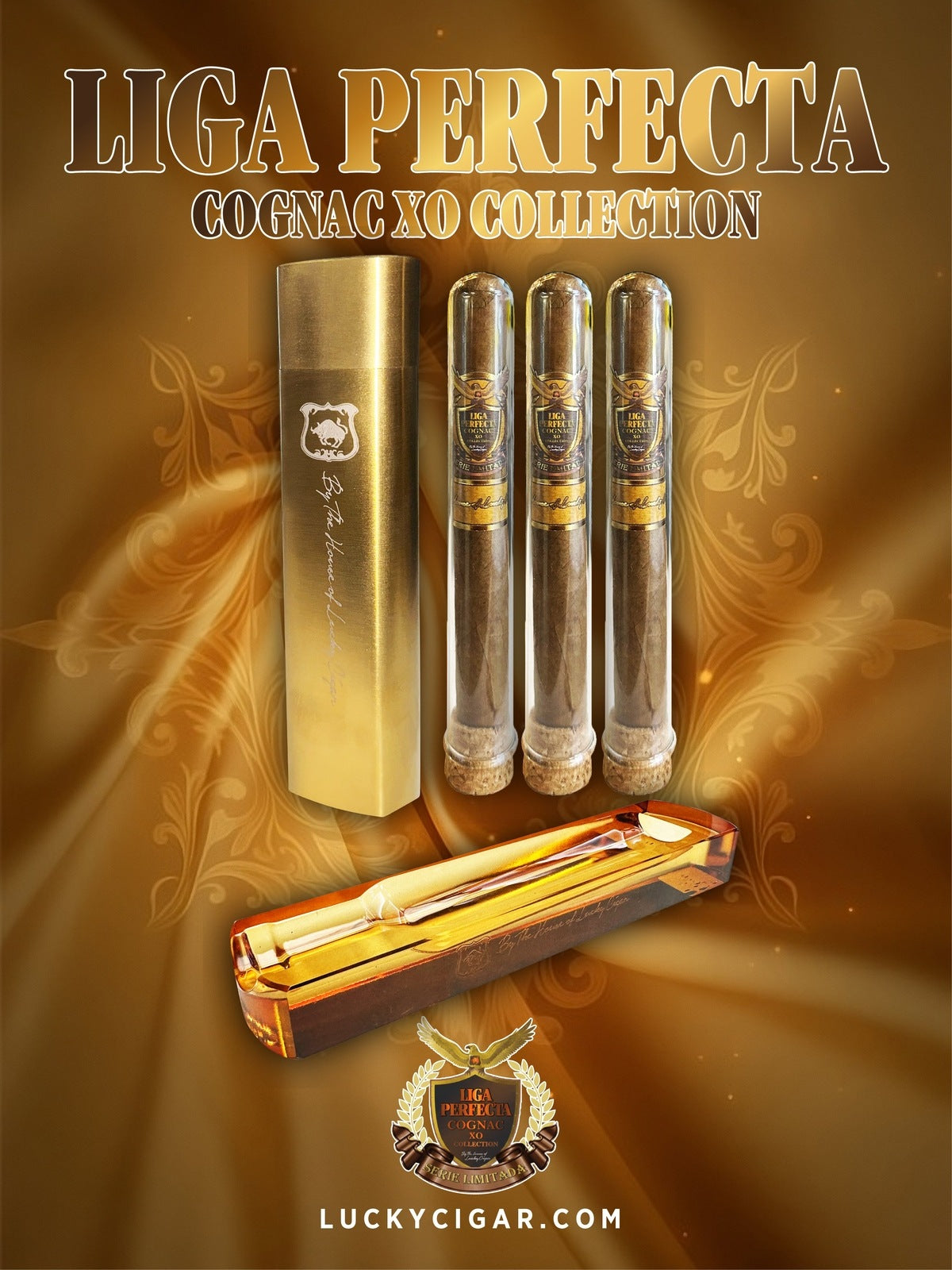 Infused Cigars: Liga Perfecta COGNAC 3 Double Premium 7.5x50 Cigars with Stainless Oval Case Gold, Ashtray