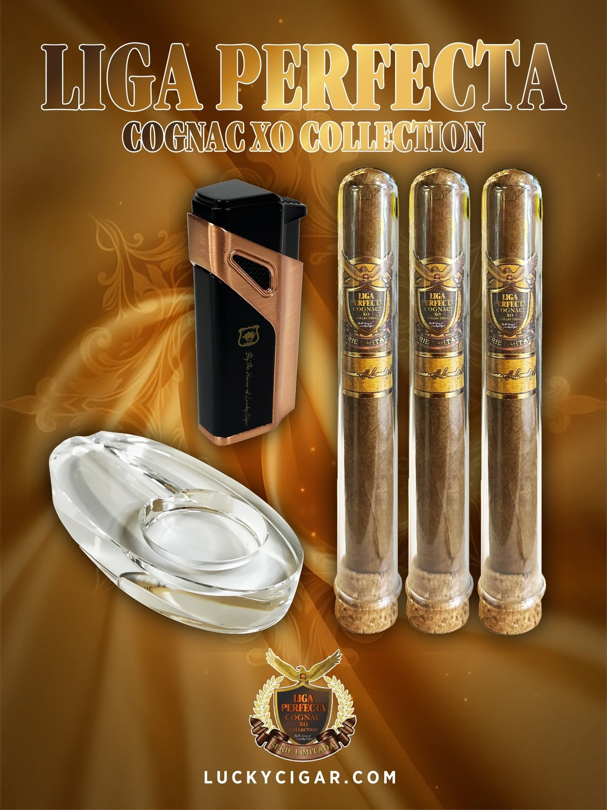 Infused Cigars: Liga Perfecta COGNAC 3 Double Premium 7.5x50 Cigars with Turbo Torch, Ashtray