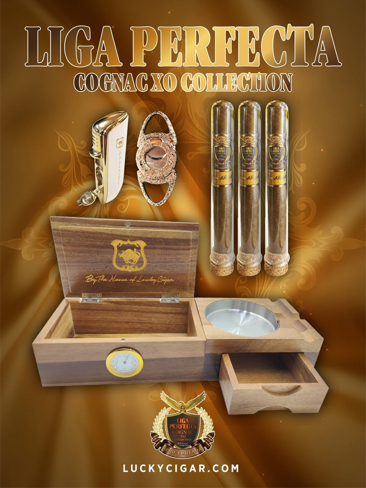 Infused Cigars: Liga Perfecta COGNAC 3 Toro 6x50 Cigars with Torch Lighter, Grandiose Cutter, Wood Ashtray