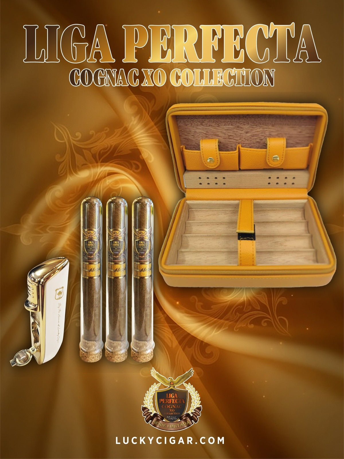 Infused Cigars: Liga Perfecta COGNAC 3 Toro 6x50 Cigars with Torch Lighter, Orange Leather Case