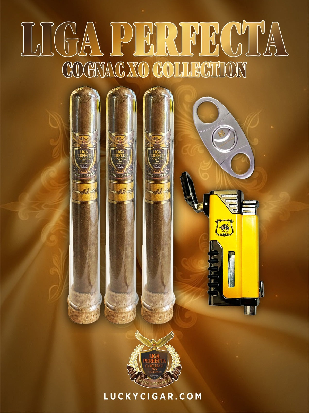 Infused Cigars: Liga Perfecta COGNAC 3 Double Premium 7.5x50 Cigars with Catterpillar Torch Lighter, Stainless Cutter