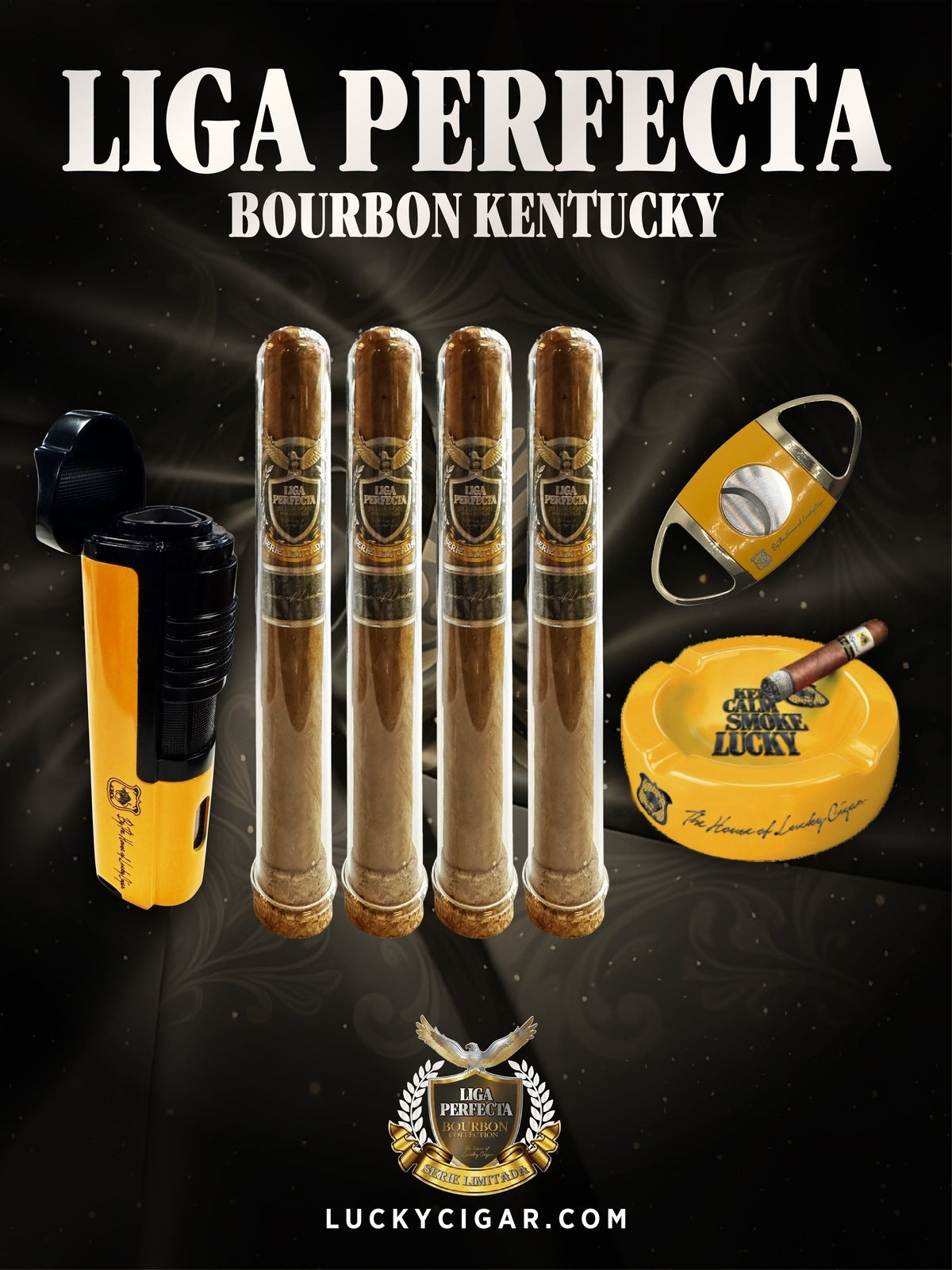 Infused Cigars: Liga Perfecta Bourbon 4 Double Grande Cigars with Cutter, Torch, Ashtray