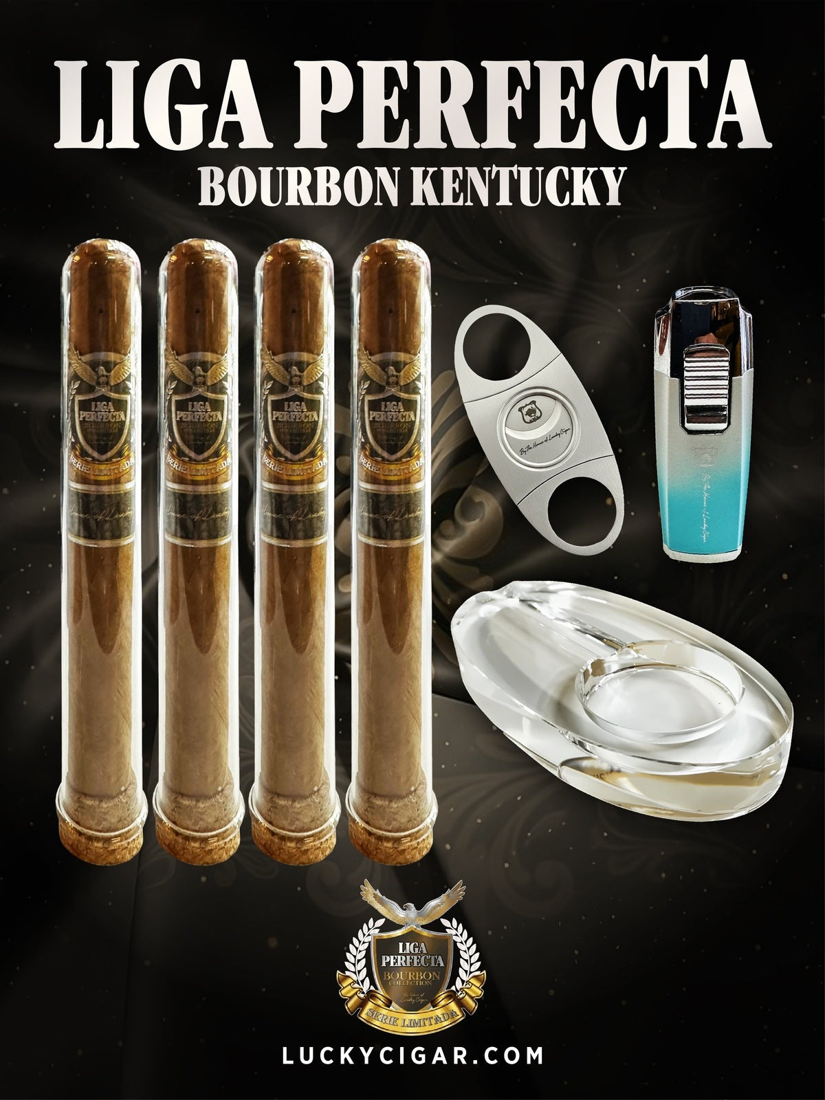 Infused Cigars: Liga Perfecta Bourbon 4 Toro Cigars with Cutter, Torch, Ashtray