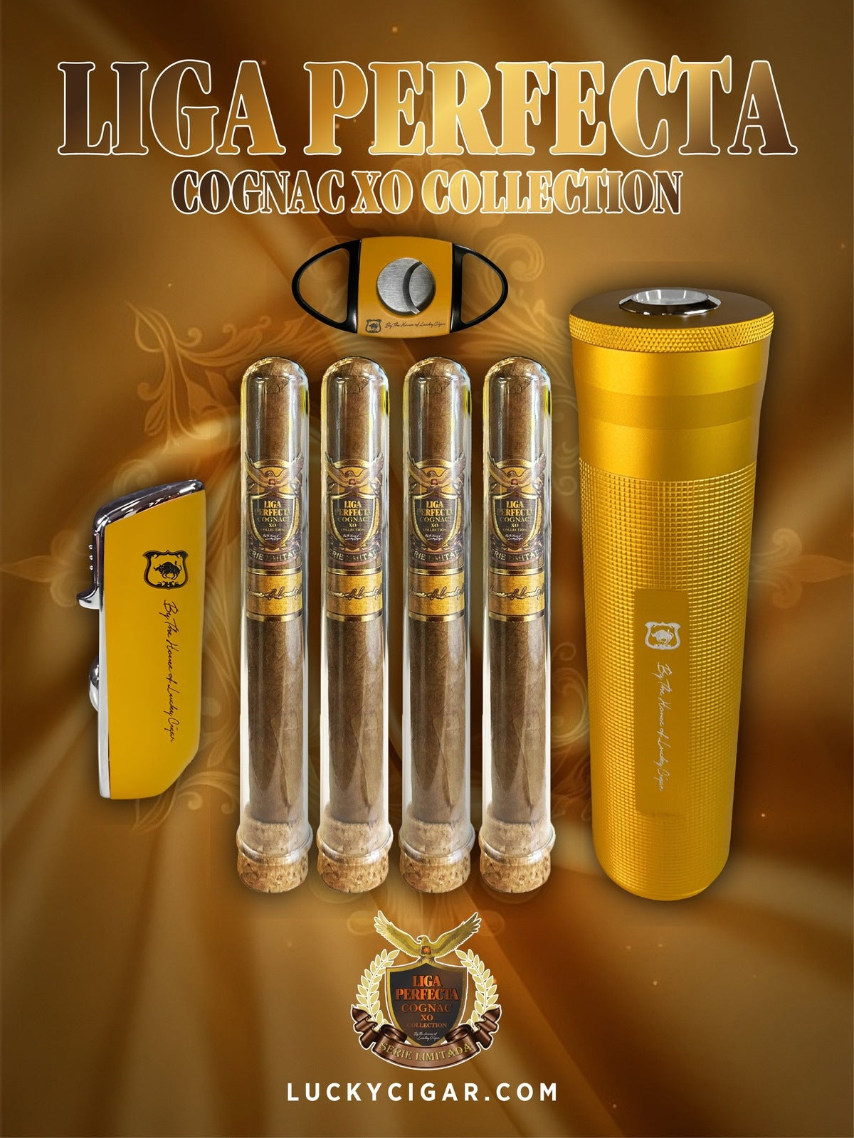 Infused Cigars: Liga Perfecta COGNAC 4 Toro 6x50 Cigars with Torch Lighter, Delta Cutter, Cylinder Humidor
