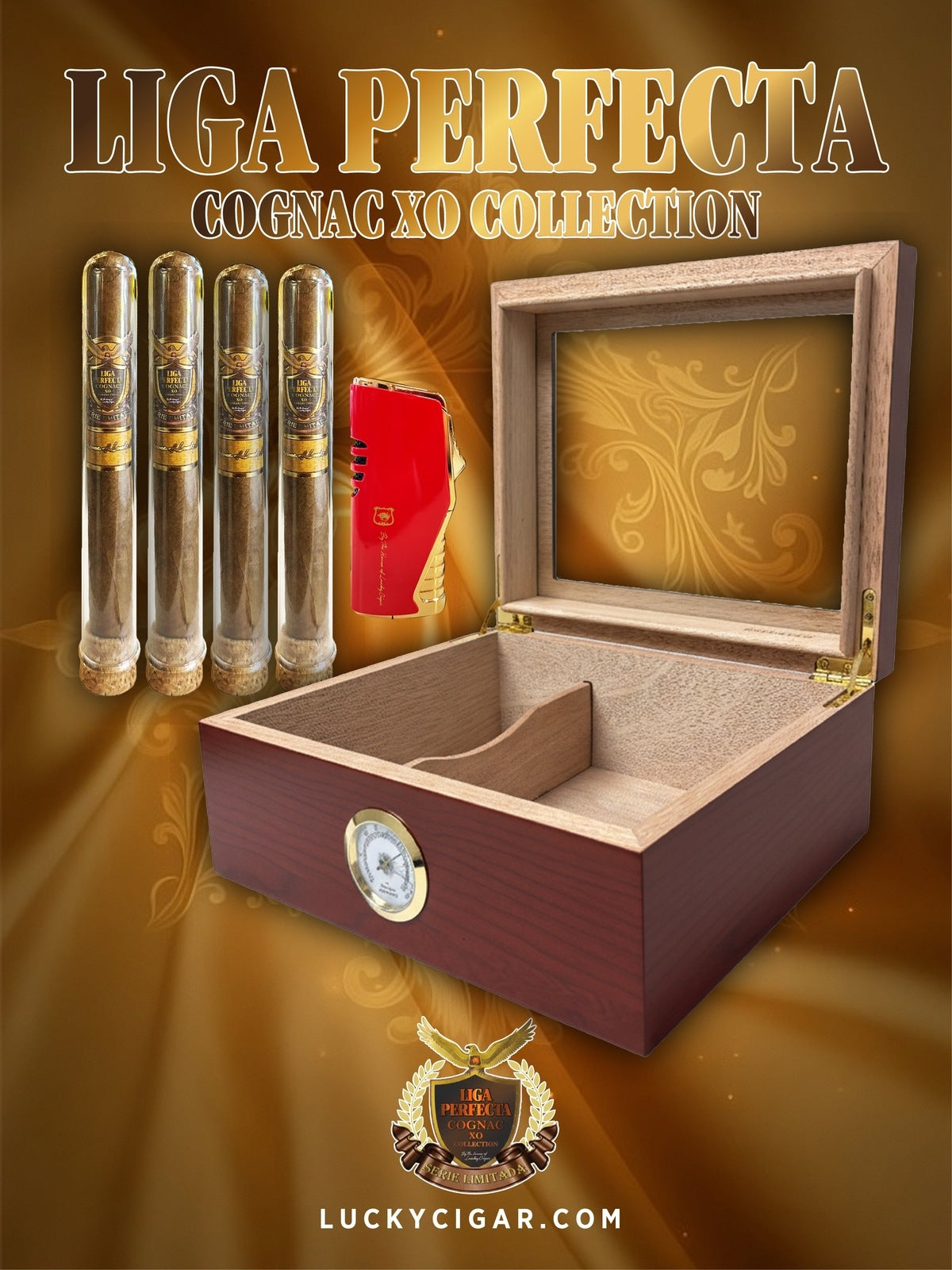 Infused Cigars: Liga Perfecta COGNAC 2 Double Premium, 2 Toro Cigars with Torch, Humidor Top Glass