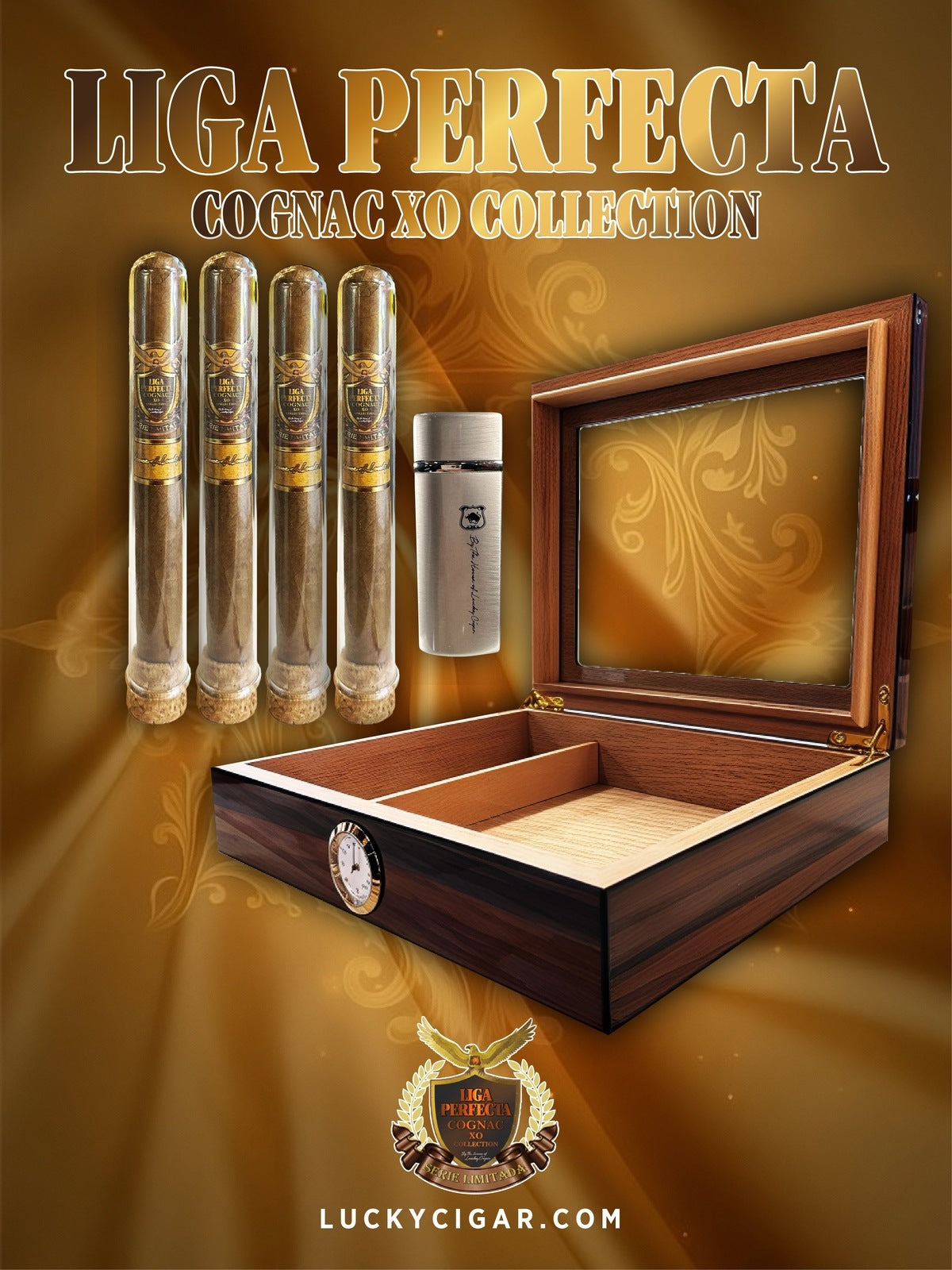 Infused Cigars: Liga Perfecta COGNAC 2 Double Premium, 2 Toro Cigars with Infinity Torch, Humidor Top Glass