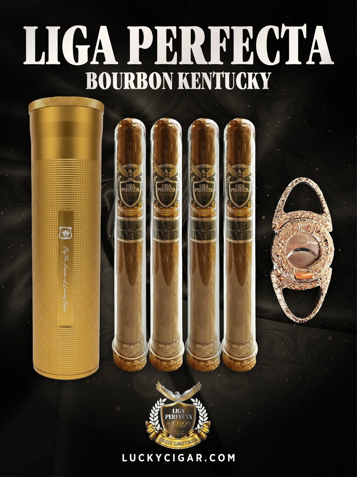 Infused Cigars: Liga Perfecta Bourbon 4 Toro Cigars with Cutter, Cylinder Humidor