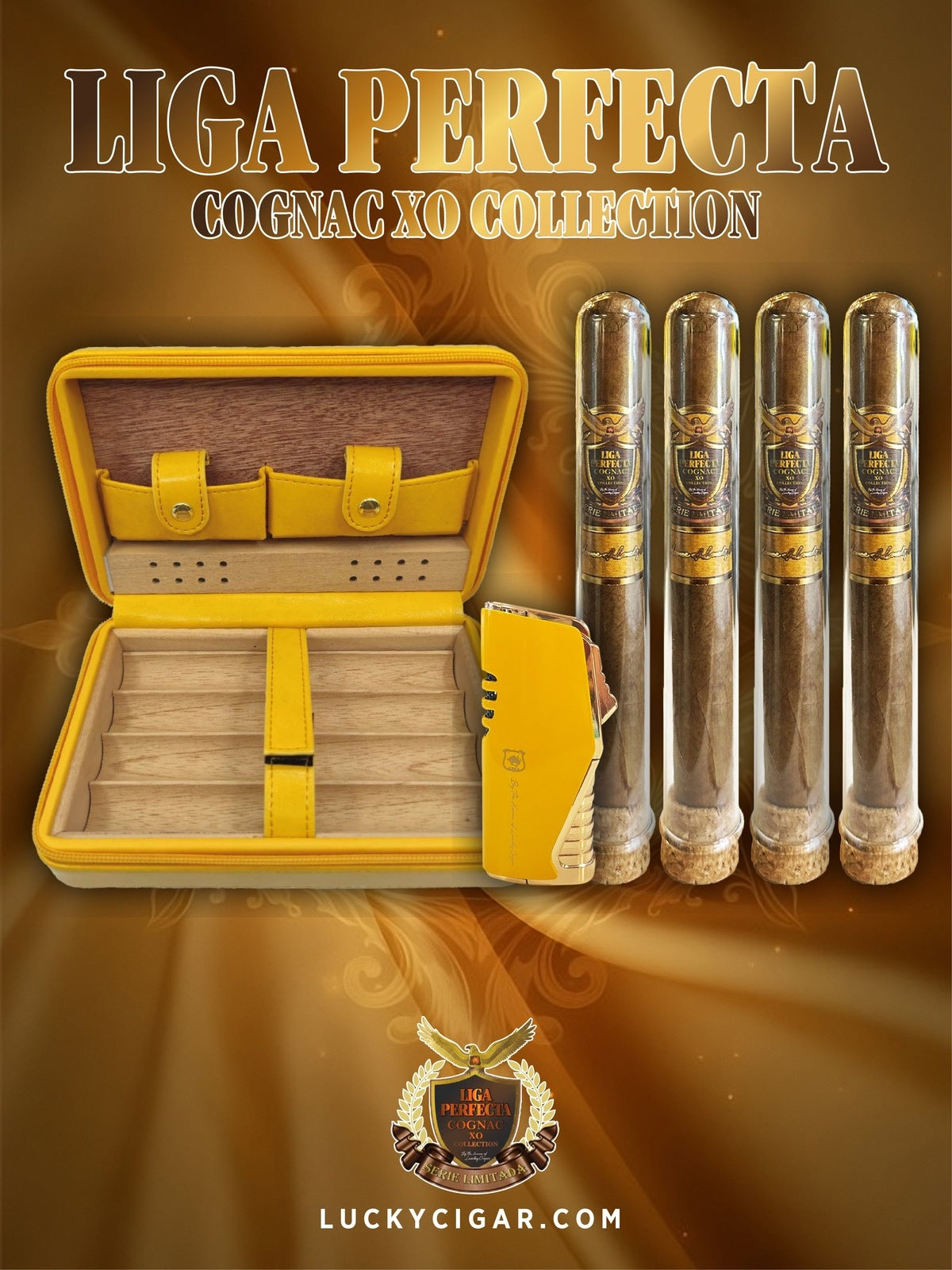 Infused Cigars: Liga Perfecta COGNAC 4 Double Premium 7.5x50 Cigars with Torch, Yellow Leather Case
