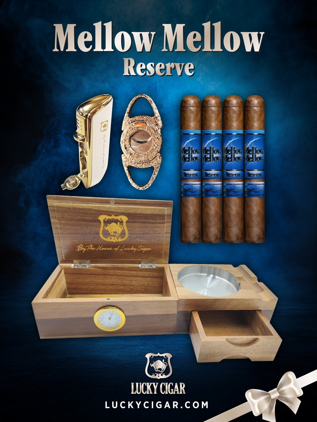 Infused Cigars: Mellow Mellow Reserve 5x54 Cigar Set of 4 with Humidor Ashtray Set, Torch, Cutter