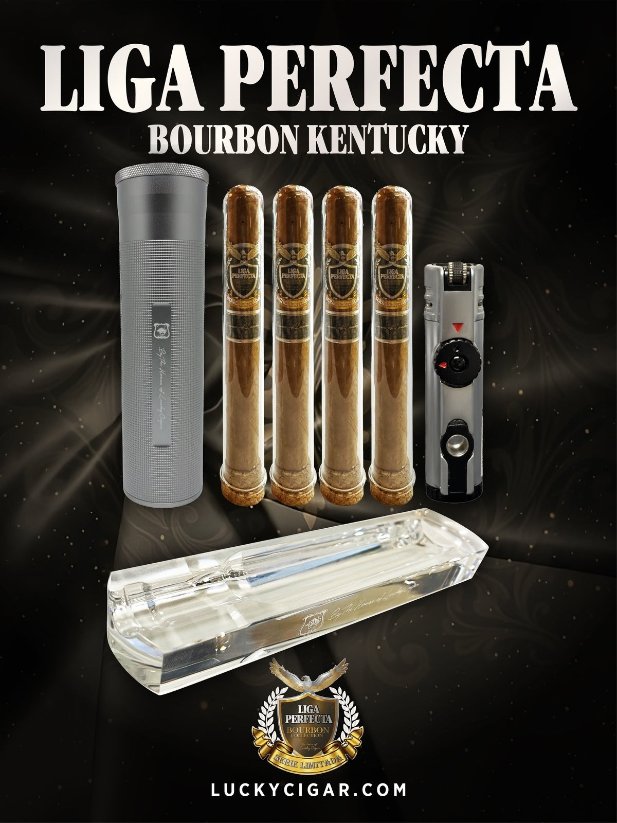 Infused Cigars: Liga Perfecta Bourbon 4 Toro Cigars with Humidor, Torch, Ashtray