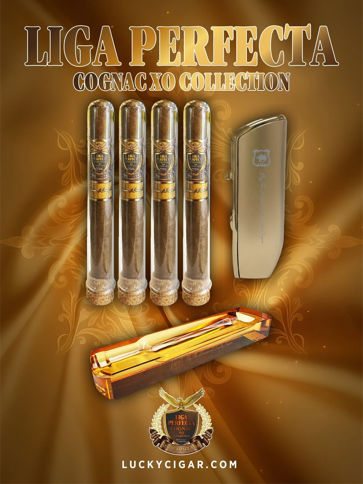 Infused Cigars: Liga Perfecta COGNAC 4 Toro 6x50 Cigars with Torch Lighter, Ashtray