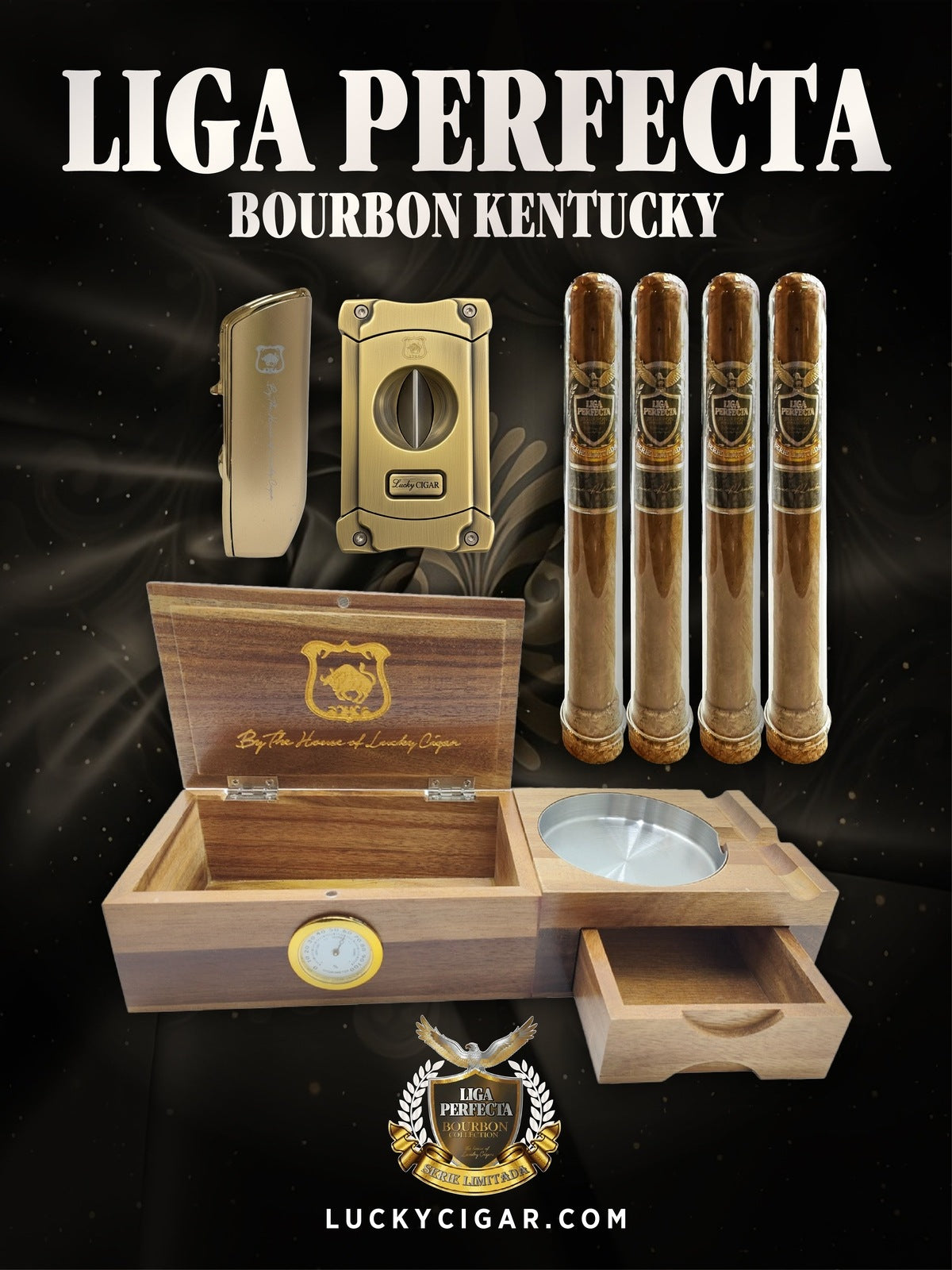 Infused Cigars: Liga Perfecta Bourbon 4 Double Grande with Torch, V Cutter, Wood Ashtray