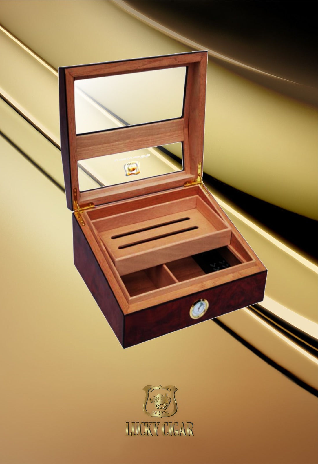 Lucky Extreme Humidor is a perfect solution for 50 cigars. It comes with Humidifier inside and it’s made out of all Ceder.