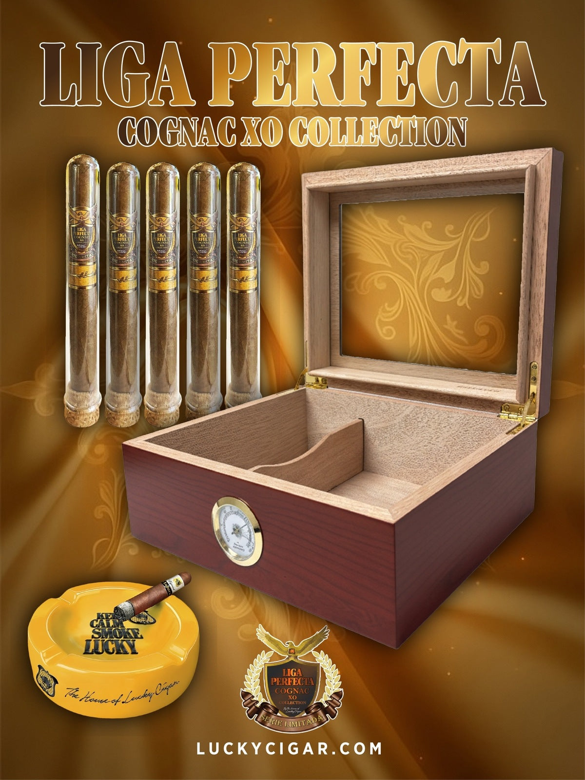 Infused Cigars: Liga Perfecta COGNAC 1 Double Premium, 4 Toro Cigars with Ceramic Ashtray, Humidor Top Glass