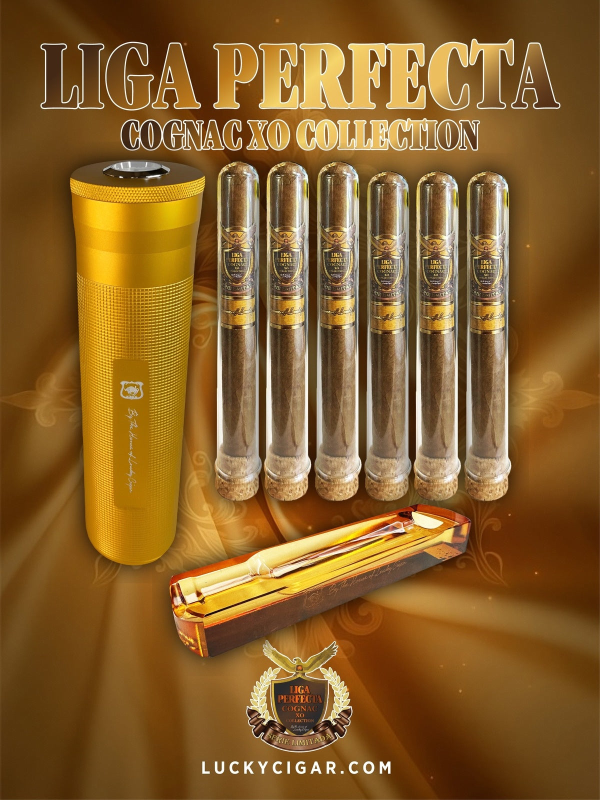 Infused Cigars: Liga Perfecta COGNAC 3 Double Premium, 3 Toro Cigars with Cylinder Humidor, Ashtray