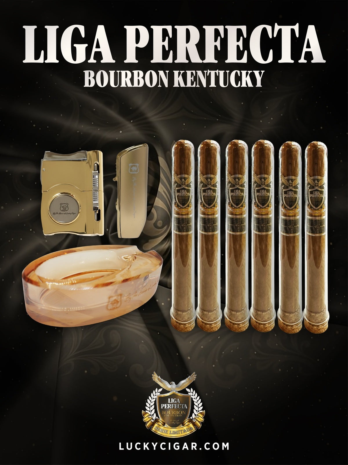 Infused Cigars: Liga Perfecta Bourbon 4 Double Grande, 2 Toro Cigars with Puncher, Torch, Crystal Ashtray