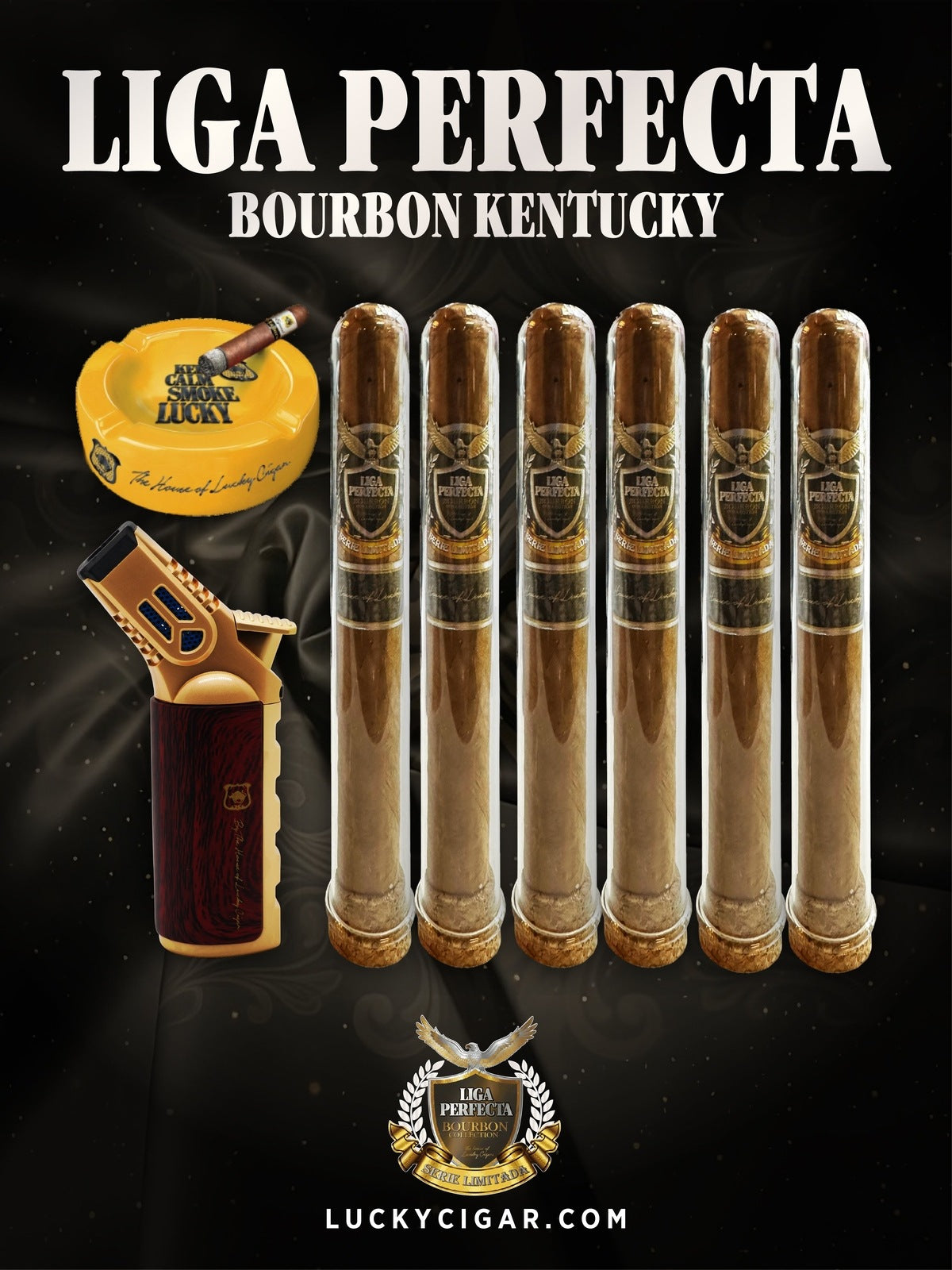 Infused Cigars: Liga Perfecta Bourbon 6 Toro Cigars with Ceramic Ashtray, Torch