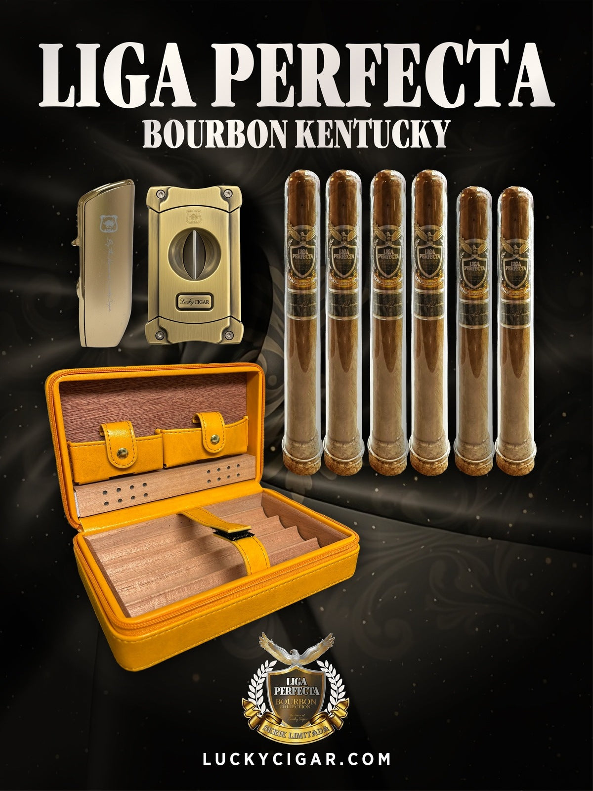 Infused Cigars: Liga Perfecta Bourbon 4 Double Grande, 2 Toro Cigars with V Cutter, Torch, Leather Hurricane Orange Case