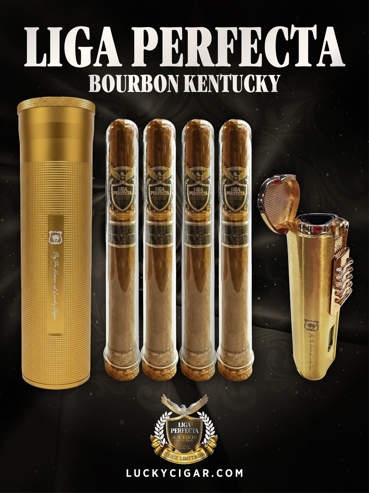 Infused Cigars: Liga Perfecta Bourbon 4 Toro Cigars with Cylinder Humidor, Rustyko Torch