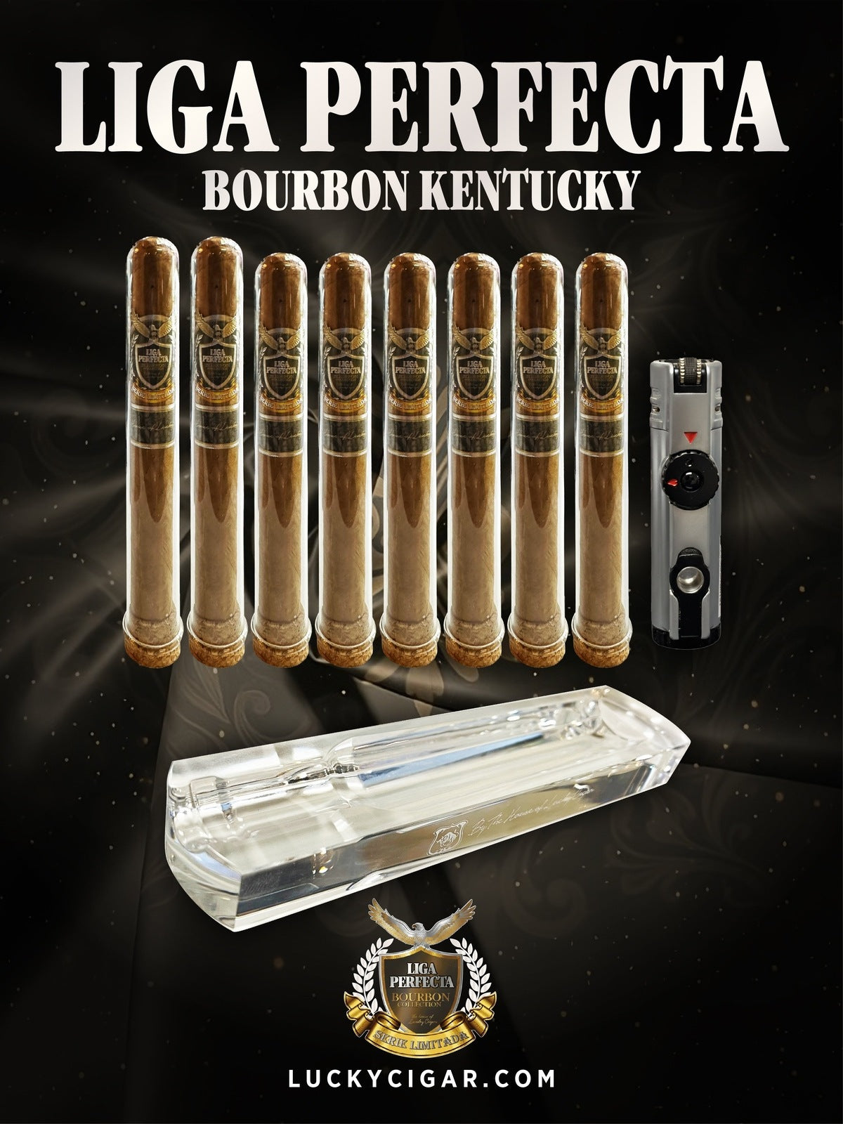 Infused Cigars: Liga Perfecta Bourbon 2 Double Grande, 6 Toro Cigars with Torch, Ashtray