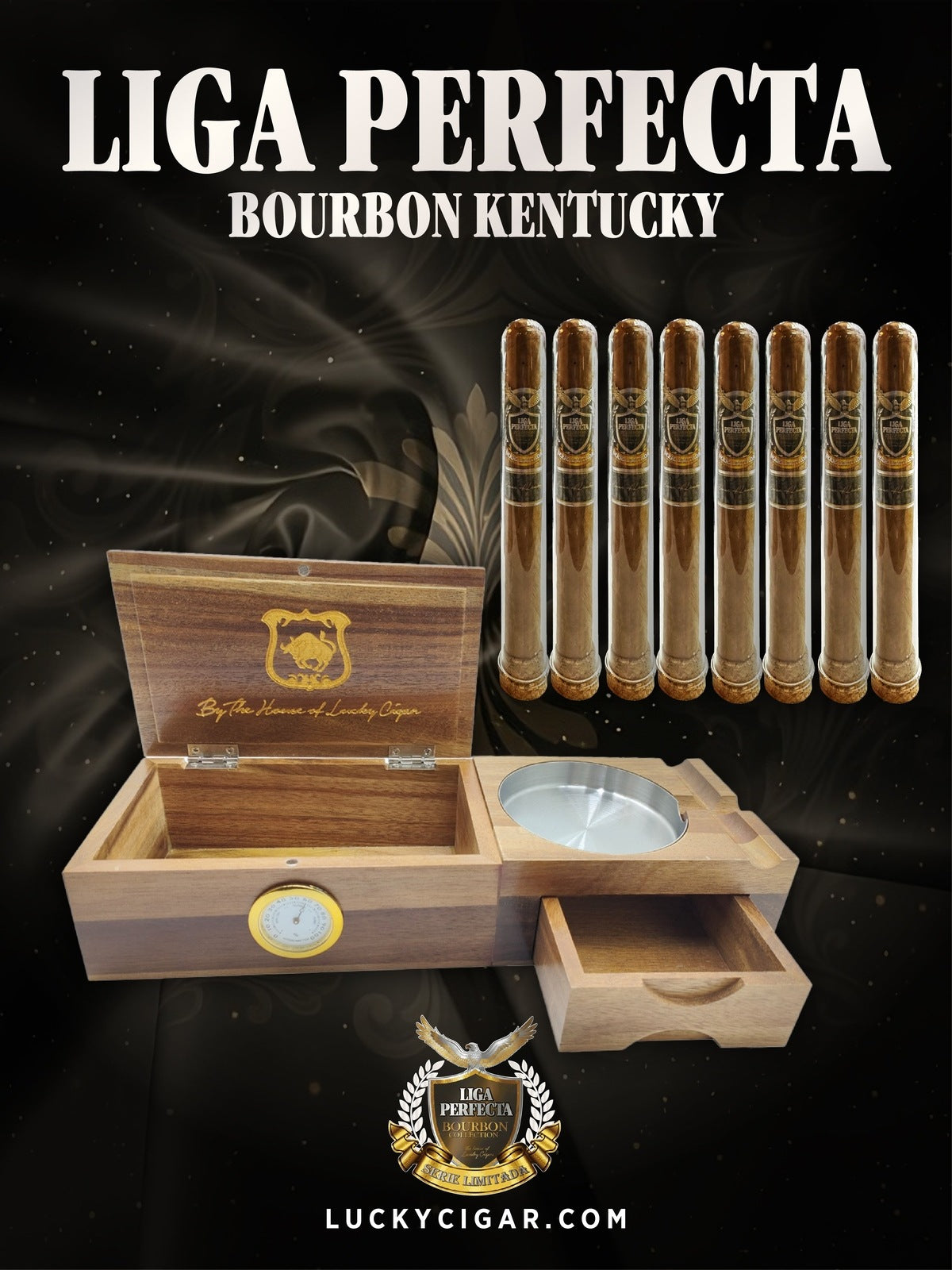 Infused Cigars: Liga Perfecta Bourbon 4 Double Grande, 4 Toro Cigars with Wood Ashtray