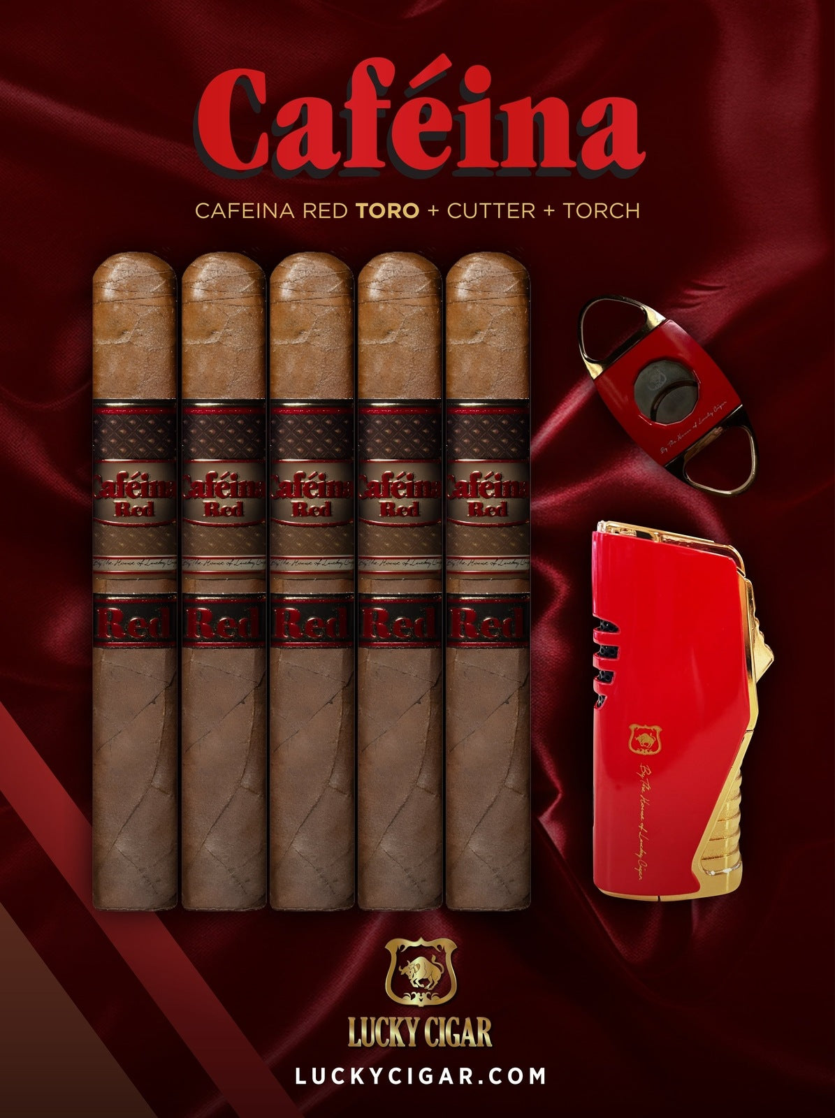 Infused Cigars: Set of 5 Cafeina Red Toro 6x52 Cigars with Torch Lighter, Cutter