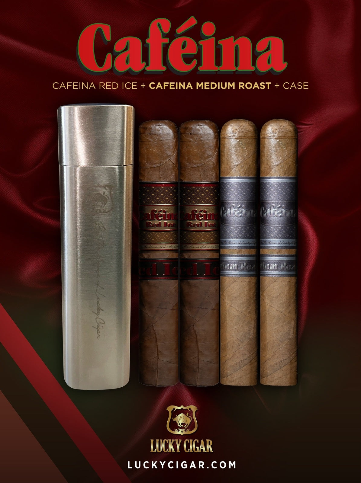 Infused Cigars: Set of 4 Caféina Red Ice, Medium Roast Magnum 5x58 with Case Tube