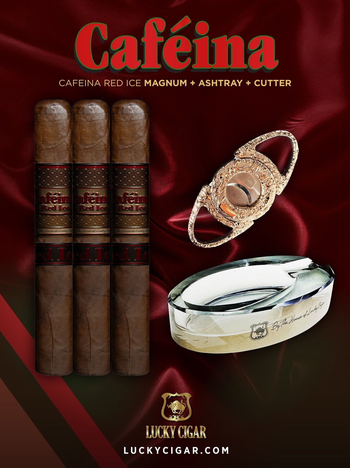 Infused Cigars: Prestige Set of 3 Caféina Red Ice Magnum 5x58 with Ashtray, Cutter