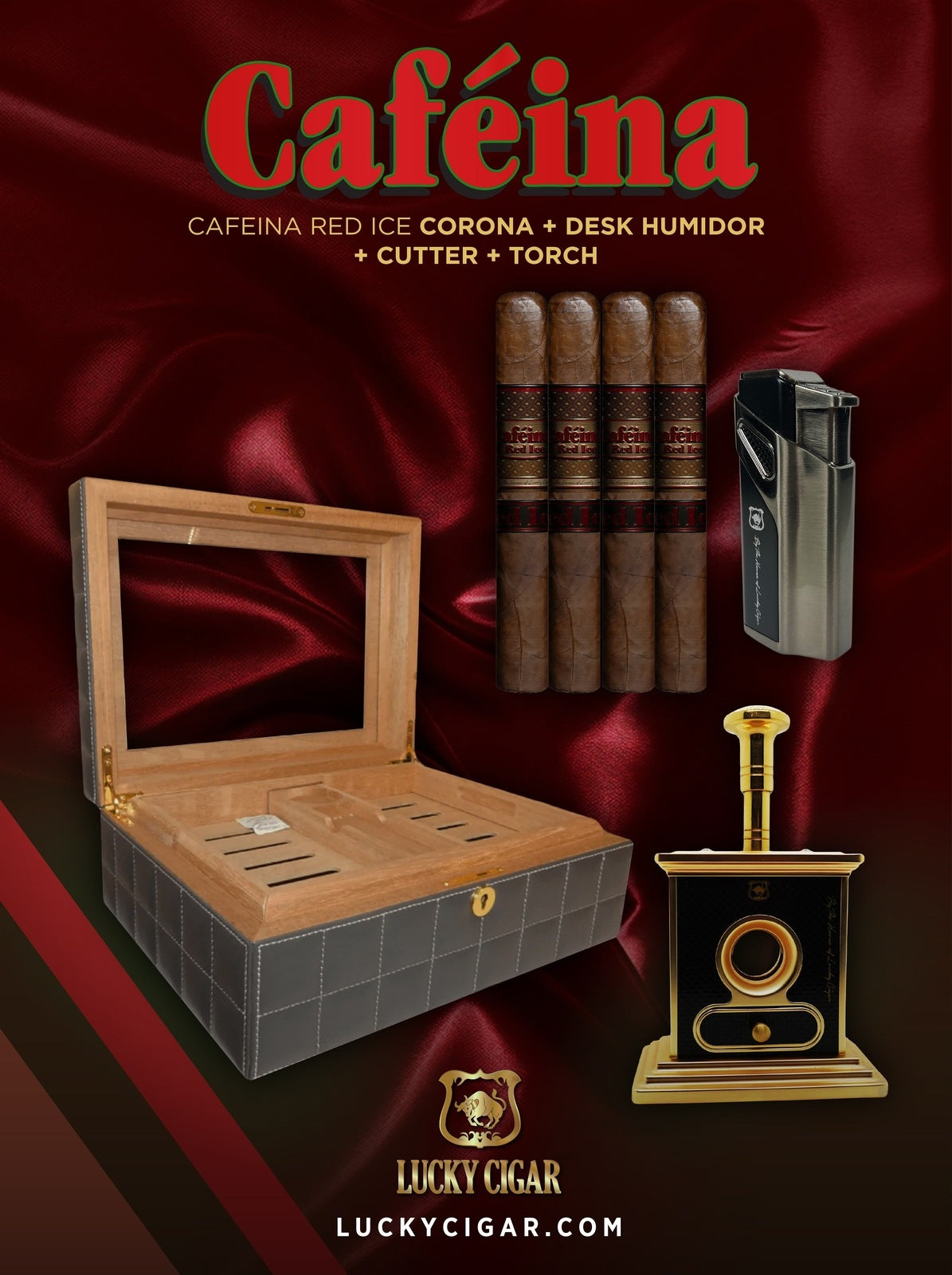 Infused Cigars: Set of 4 Caféina Red Ice Corona 5.5x48 with Desk Humidor, Torch, Table Cutter