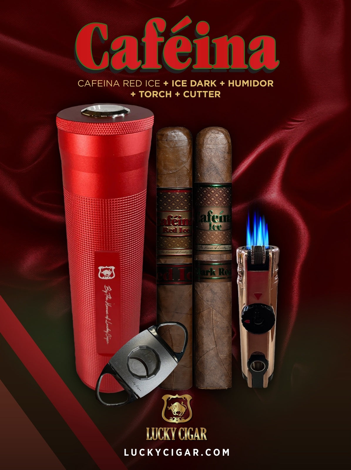 Infused Cigars: Set of 2 Caféina Red Ice, Ice Dark Roast with Travel Humidor, Torch Lighter, Cutter