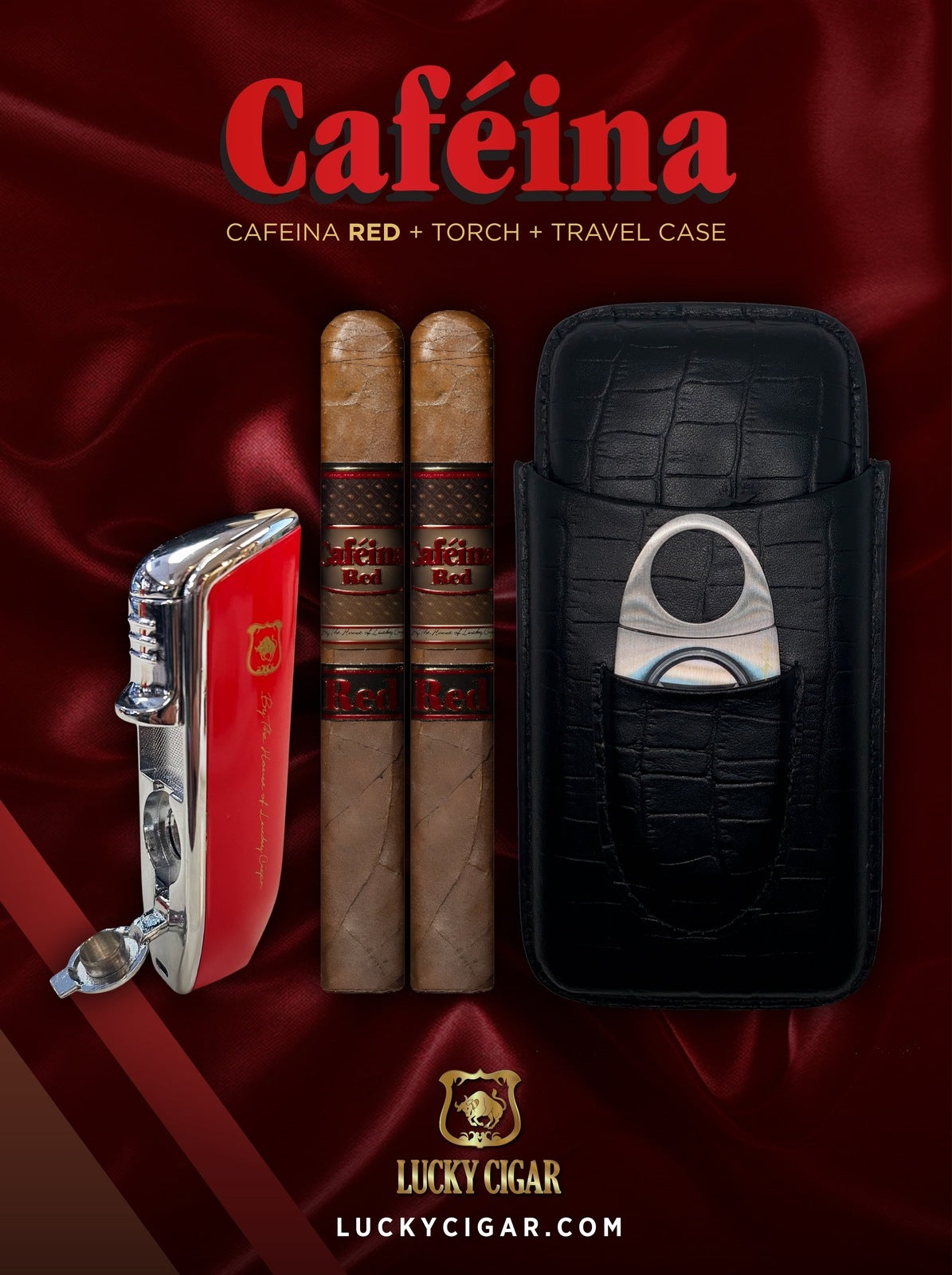 Infused Cigars: Set of 2 Cafeina Red Corona 5.5x48 Cigars with Torch Lighter, Travel Case, Cutter