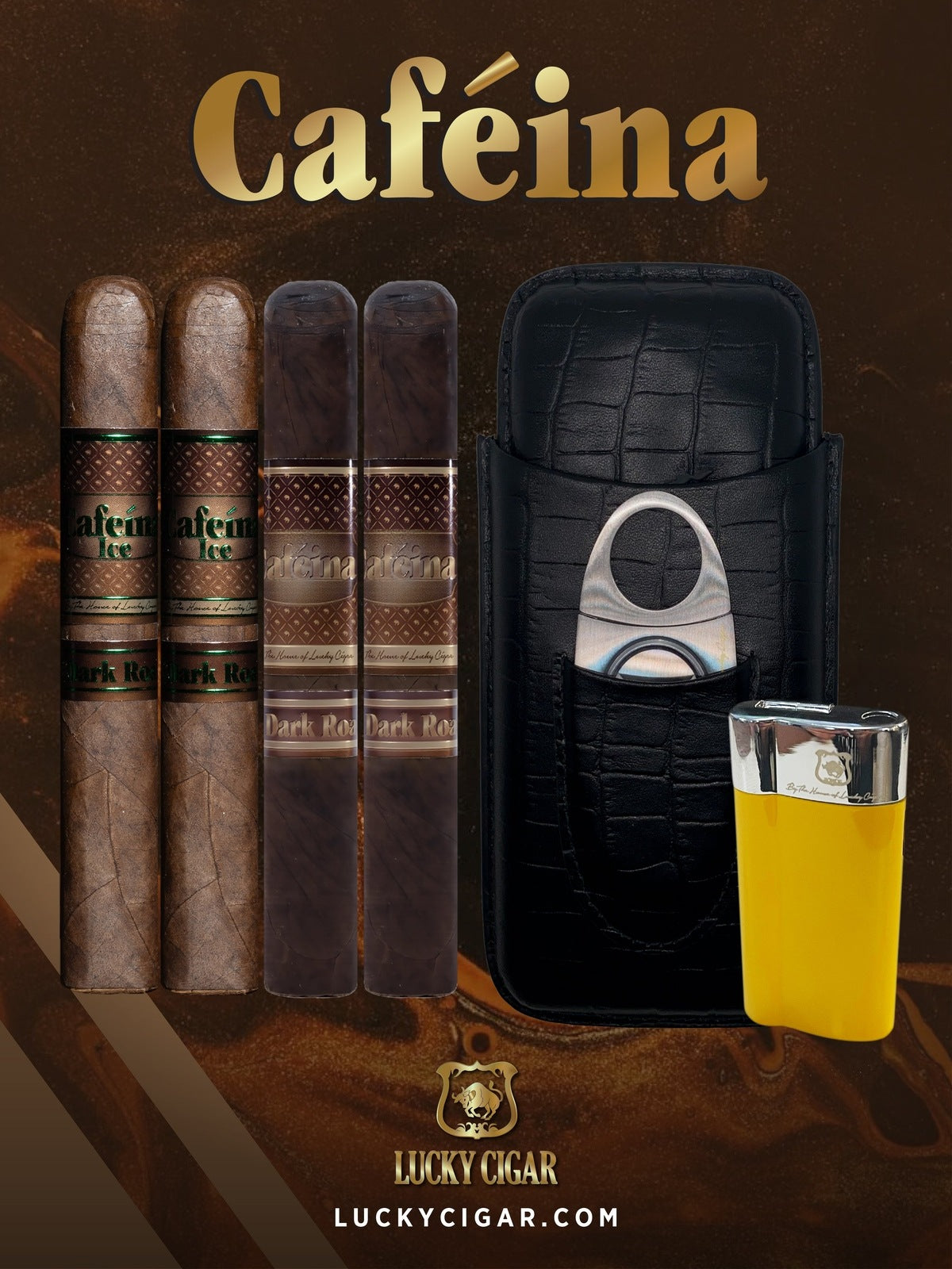 Lucky Cigar Sampler Sets: Set of 4 Cafeina Cigars with Torch, Travel Humidor Case