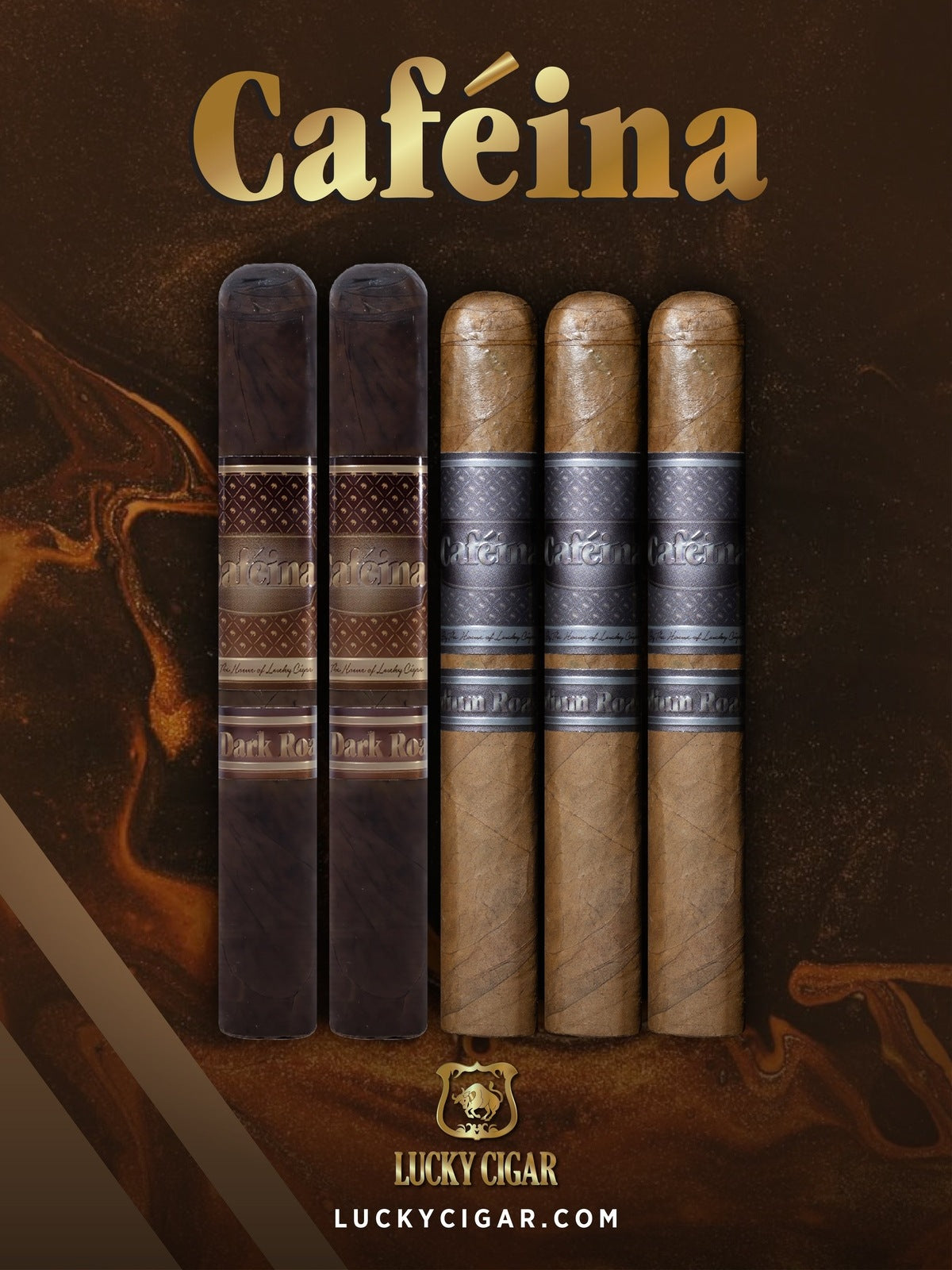 Infused Cigars: Set of 5 Cafeina Medium, Dark Roast Cigars - 3 Medium 5x58, 2 Dark 5x58