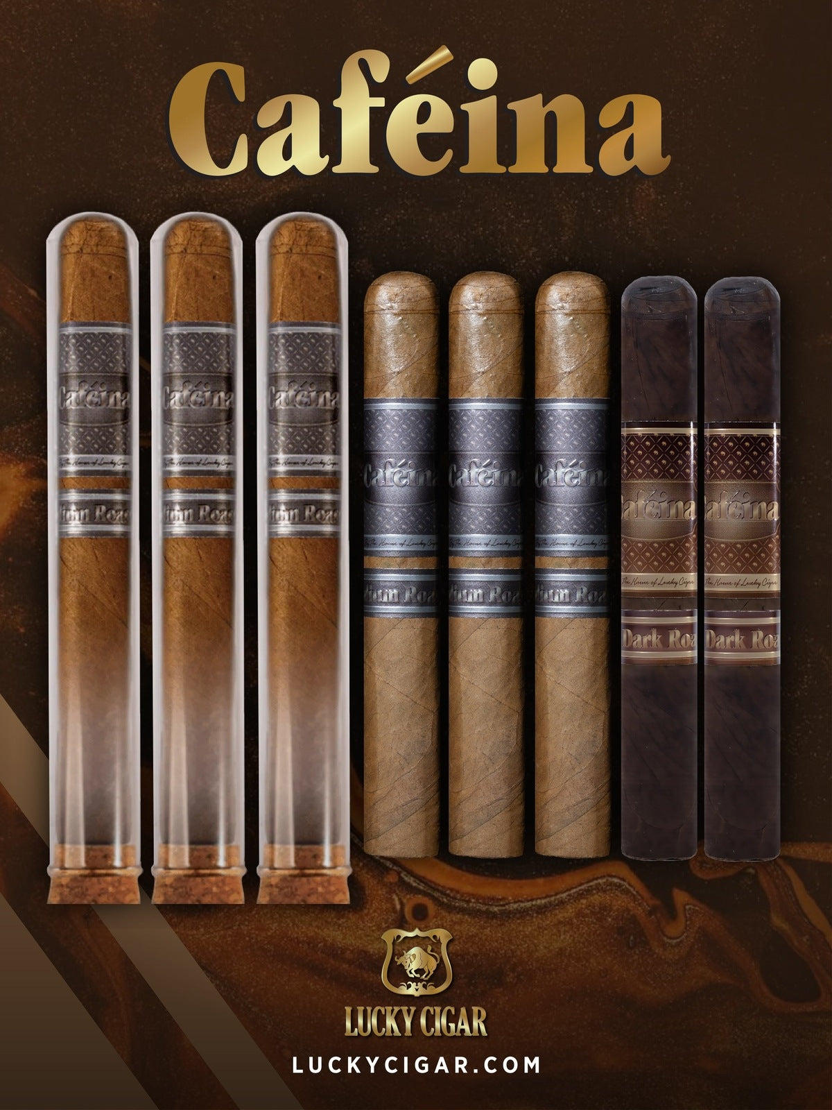 Infused Cigars: Set of 8 Cafeina Roast Cigars - 2 Dark 5x58, 3 Medium 5x58, 3 Medium in Crystal 6x50