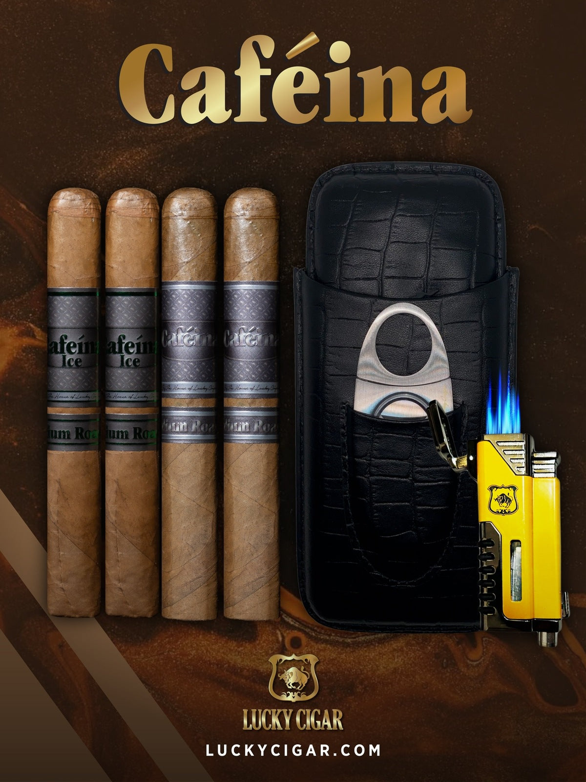 Lucky Cigar Sampler Sets: Set of 2 Cafeina Toro Cigars with Torch, Travel Humidor Case