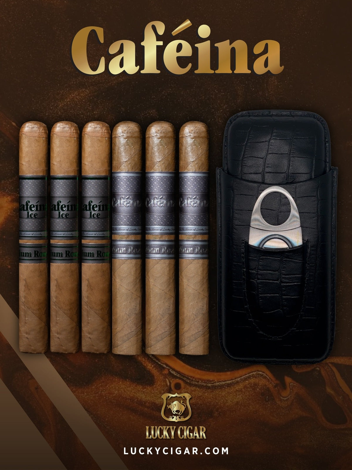 Infused Cigars: Set of 6 Cafeina Medium Roast Cigars - 3 Toro 5x52, 3 Ice Toro 6x52 with a Travel Humidor