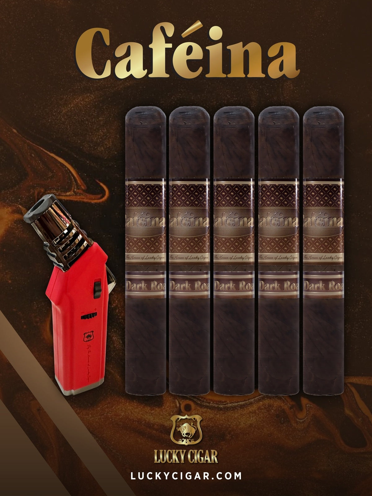 Infused Cigars: Set of 5 Cafeina Dark Roast Magnum 5x58 Cigars with Torch Lighter