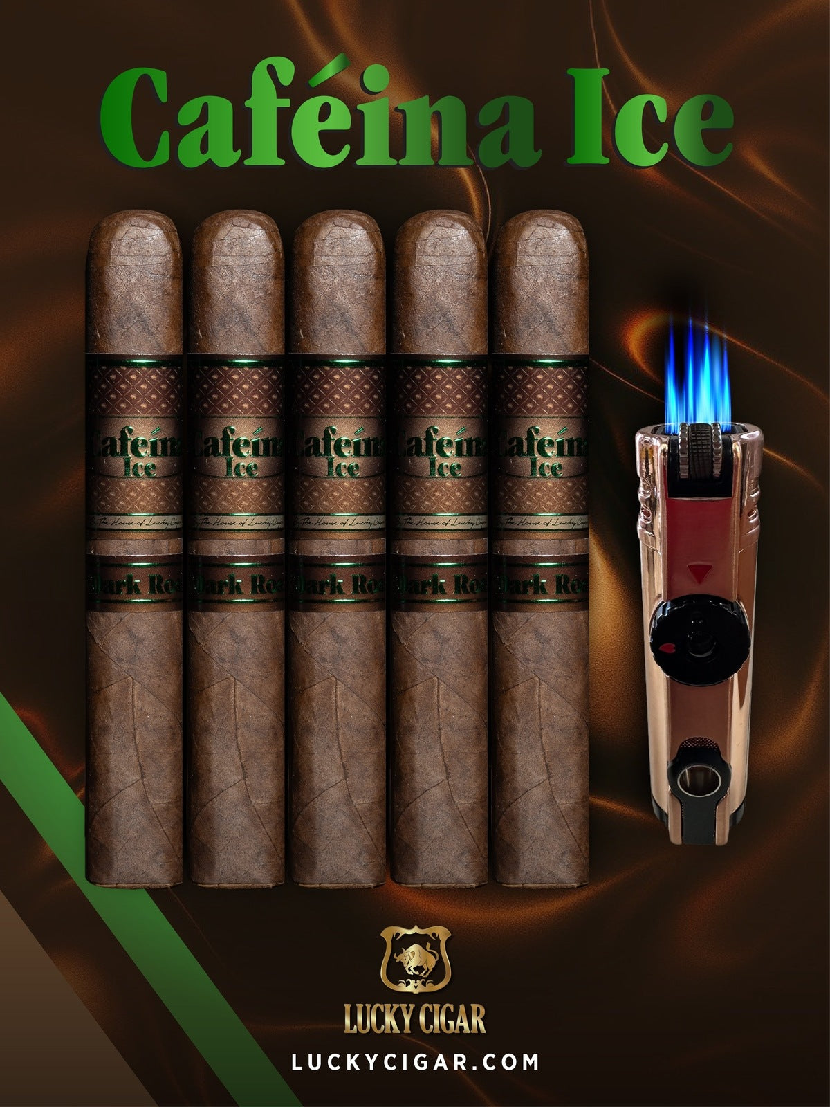 Infused Cigars: Set of 5 Cafeina Ice Dark Roast Magnum 5x58 Cigars with Torch Lighter