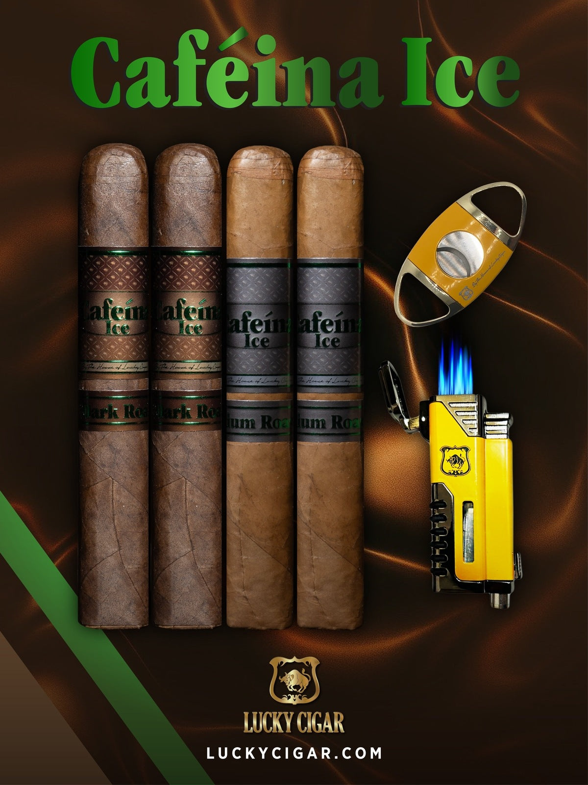 Infused Cigars: Set of 4 Cafeina Ice Roast Cigars - 2 Medium, 2 Dark 6x52 Cigars with Cutter, Torch