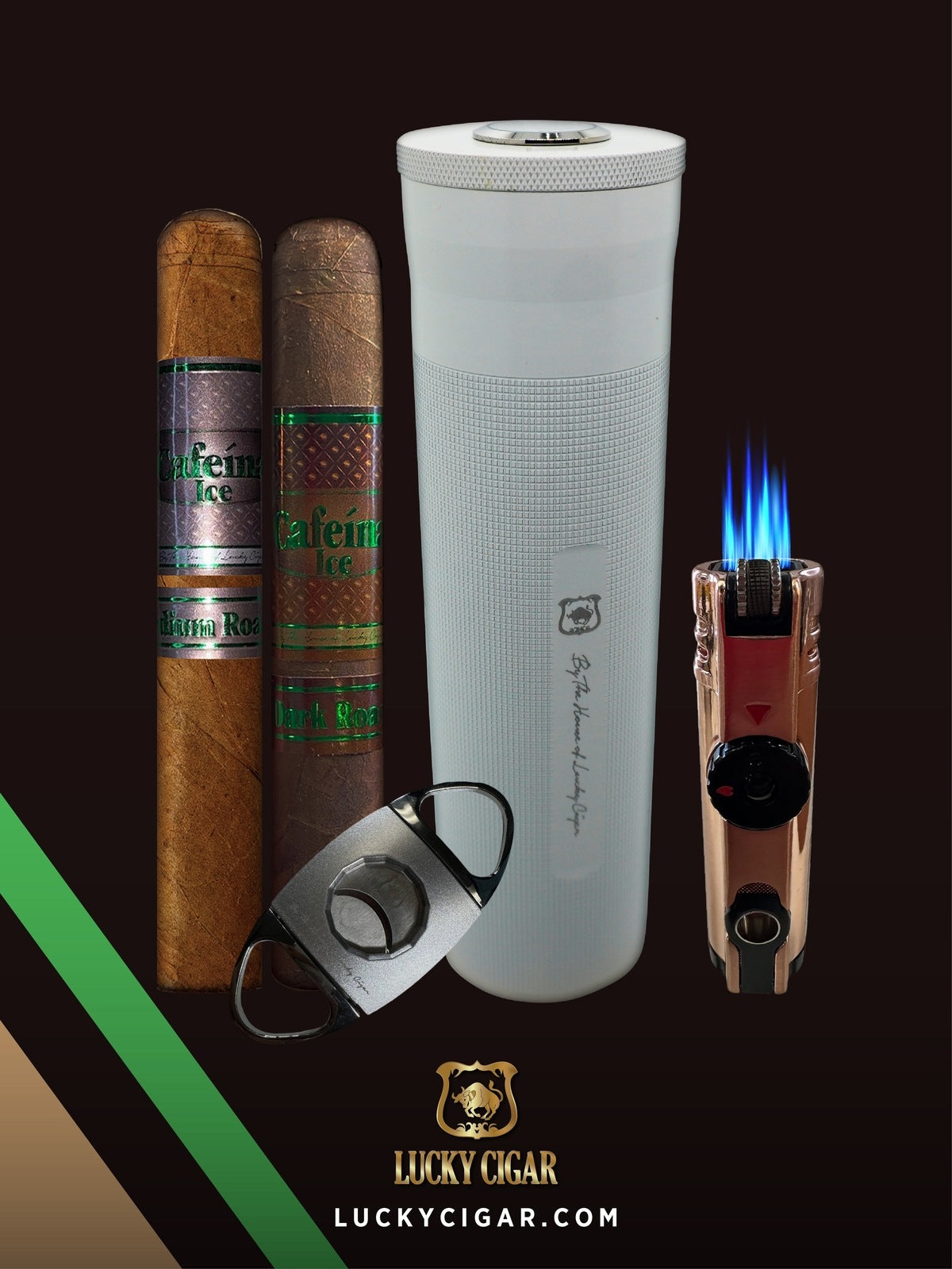 Cigar Lifestyle Accessories: Travel Humidor with Hygrometer Lid in Silver with 2 Cigars, Cutter, Torch