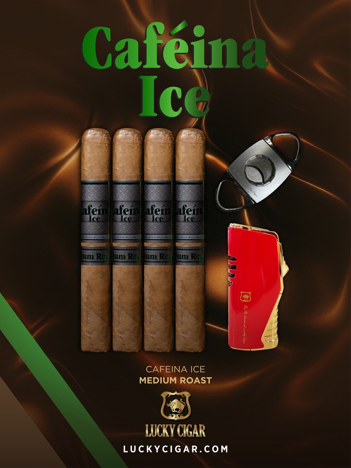 Infused Cigars: Set of 4 Cafeina Ice Medium Roast Cigars - 4 Magnum 5x58 with Cutter and Torch