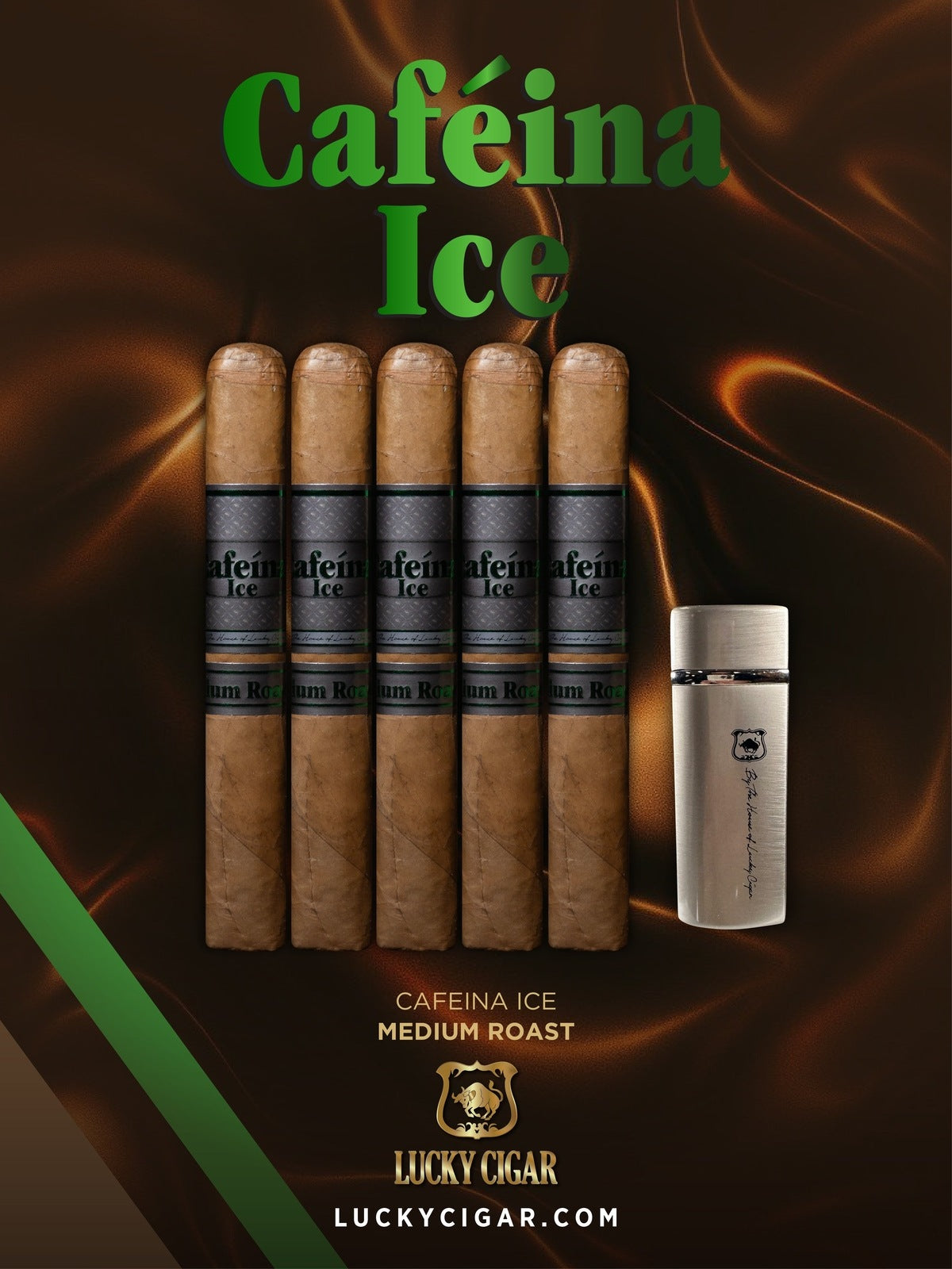 Infused Cigars: Set of 5 Cafeina Ice Medium Roast Toro 6x52 Cigars with Torch Lighter